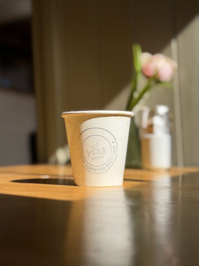 A takeaway cup on a table with the softly blurred room behind it